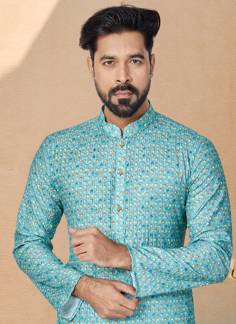 Kurta Pyjama Fancy Fabric Aqua Blue Multi Colour Digital Print Mens