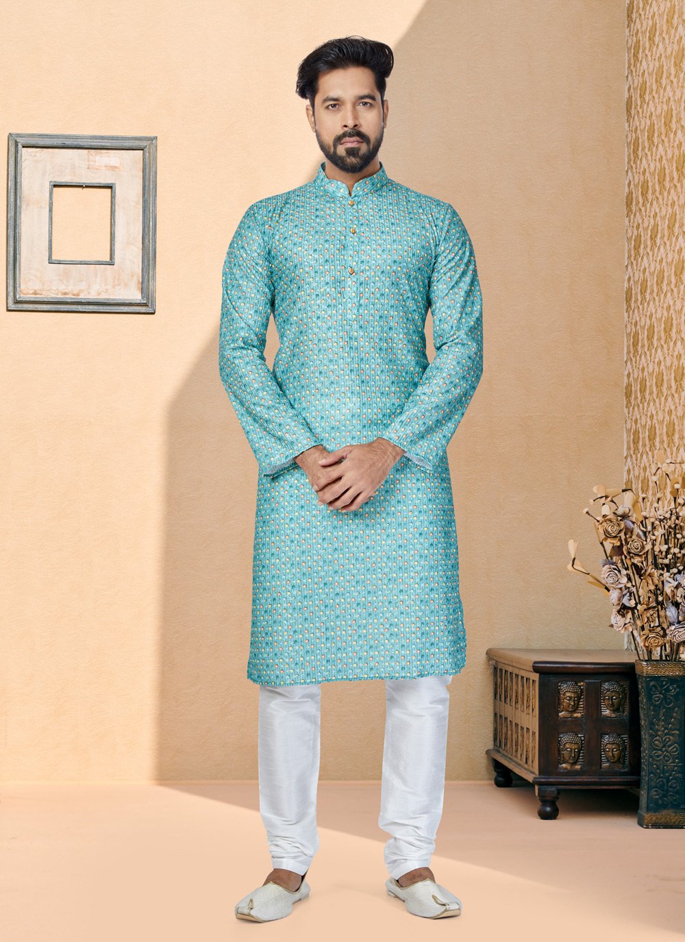 Kurta Pyjama Fancy Fabric Aqua Blue Multi Colour Digital Print Mens