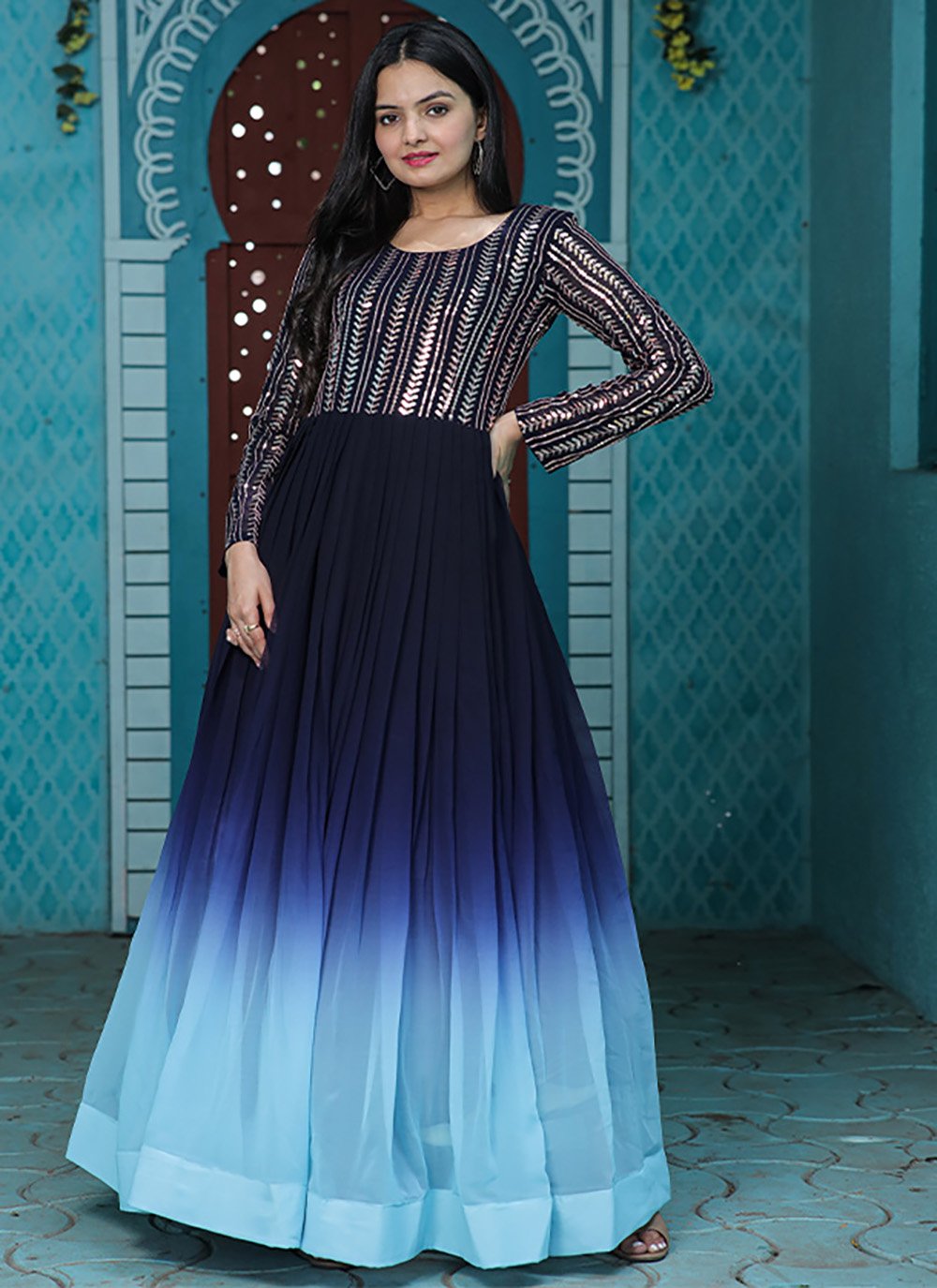 Gown Faux Georgette Aqua Blue Blue Digital Print Gown