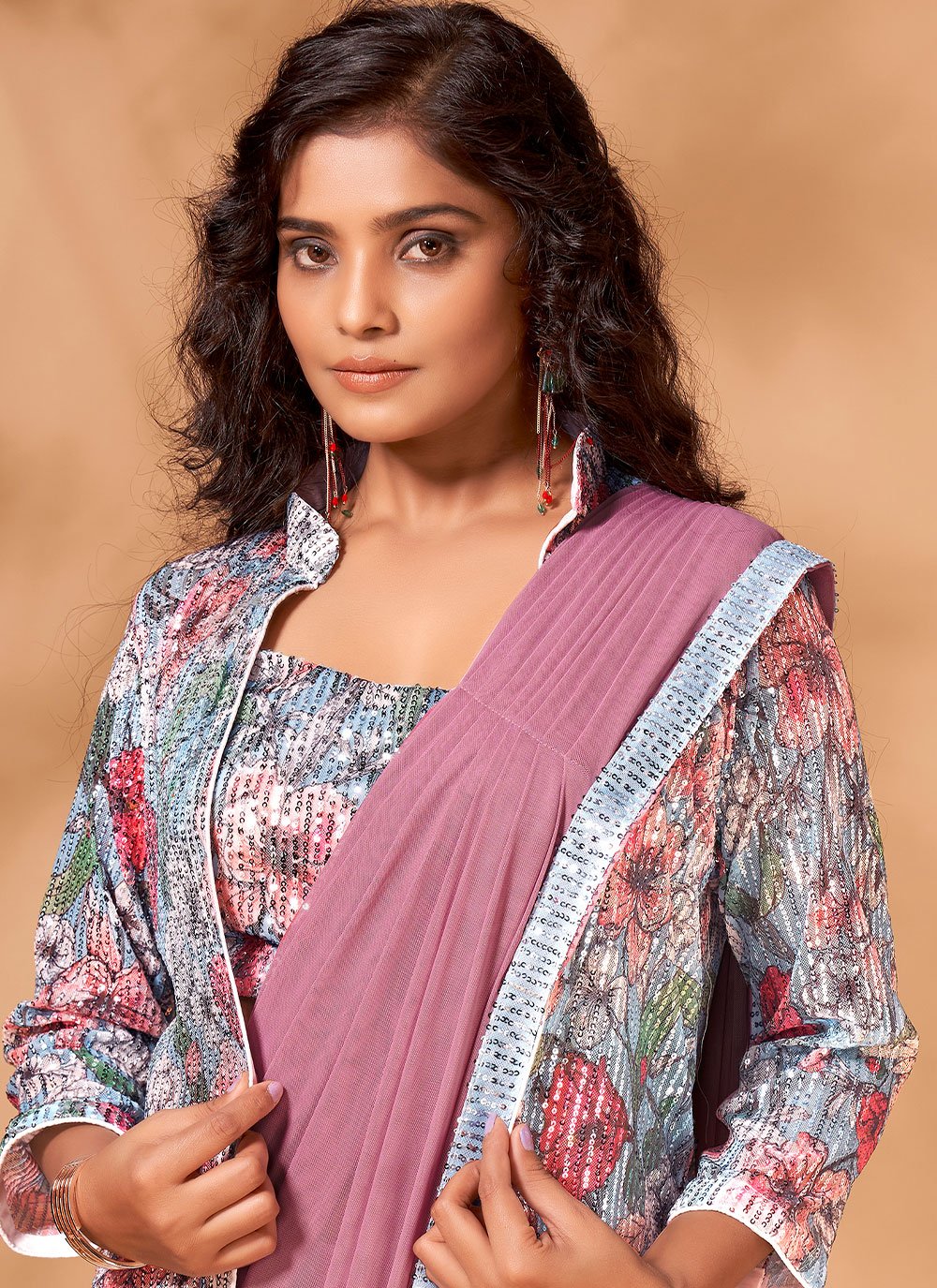 Contemporary Net Aqua Blue Pink Sequins Saree