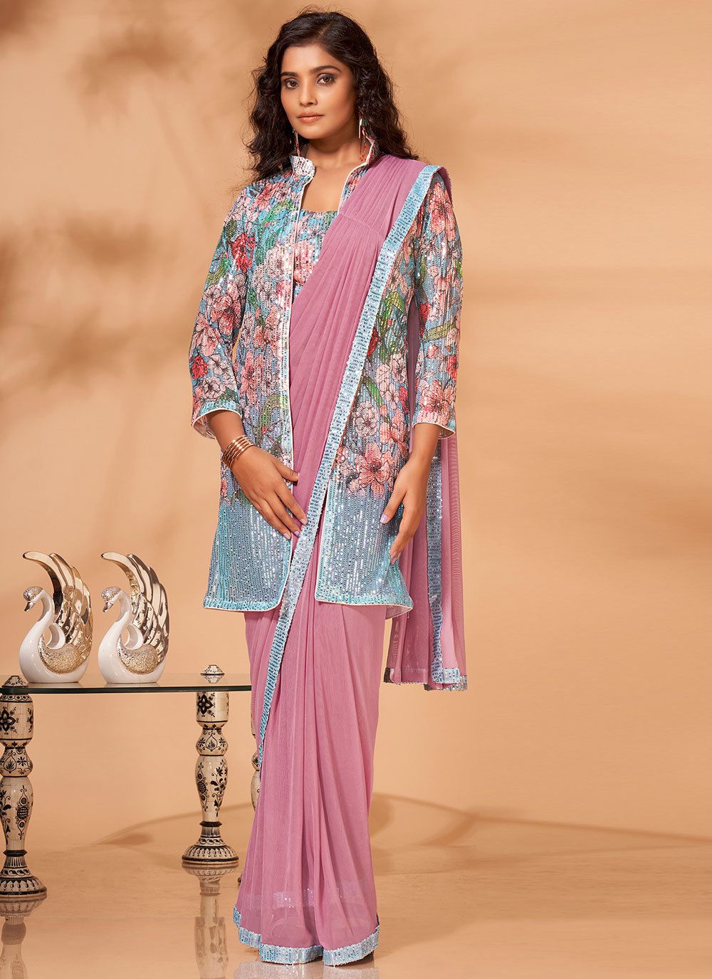 Contemporary Net Aqua Blue Pink Sequins Saree