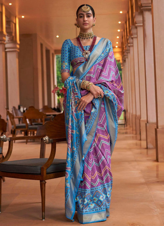 Contemporary Patola Silk Aqua Blue Purple Patch Border Saree