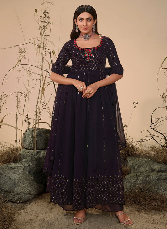 Salwar Suit Georgette Aqua Blue Purple Embroidered Salwar Kameez