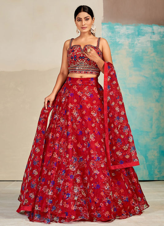 Lehenga Choli Organza Aqua Blue Red Digital Print Lehenga Choli