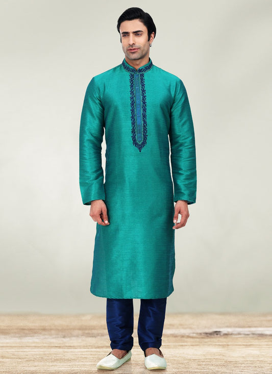 Kurta Pyjama Art Banarasi Silk Aqua Blue Embroidered Mens