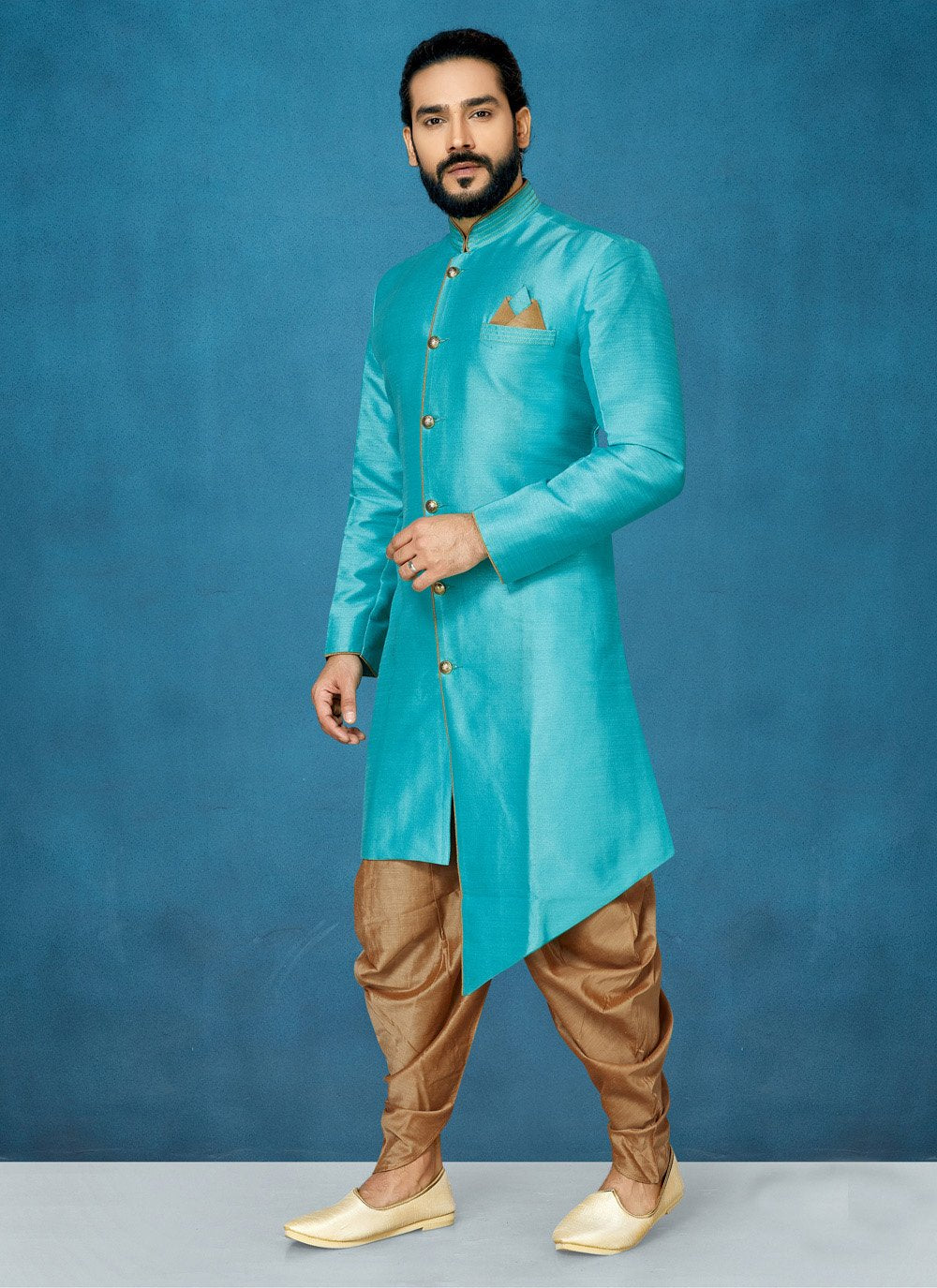 Indo Western Art Dupion Silk Aqua Blue Buttons Mens