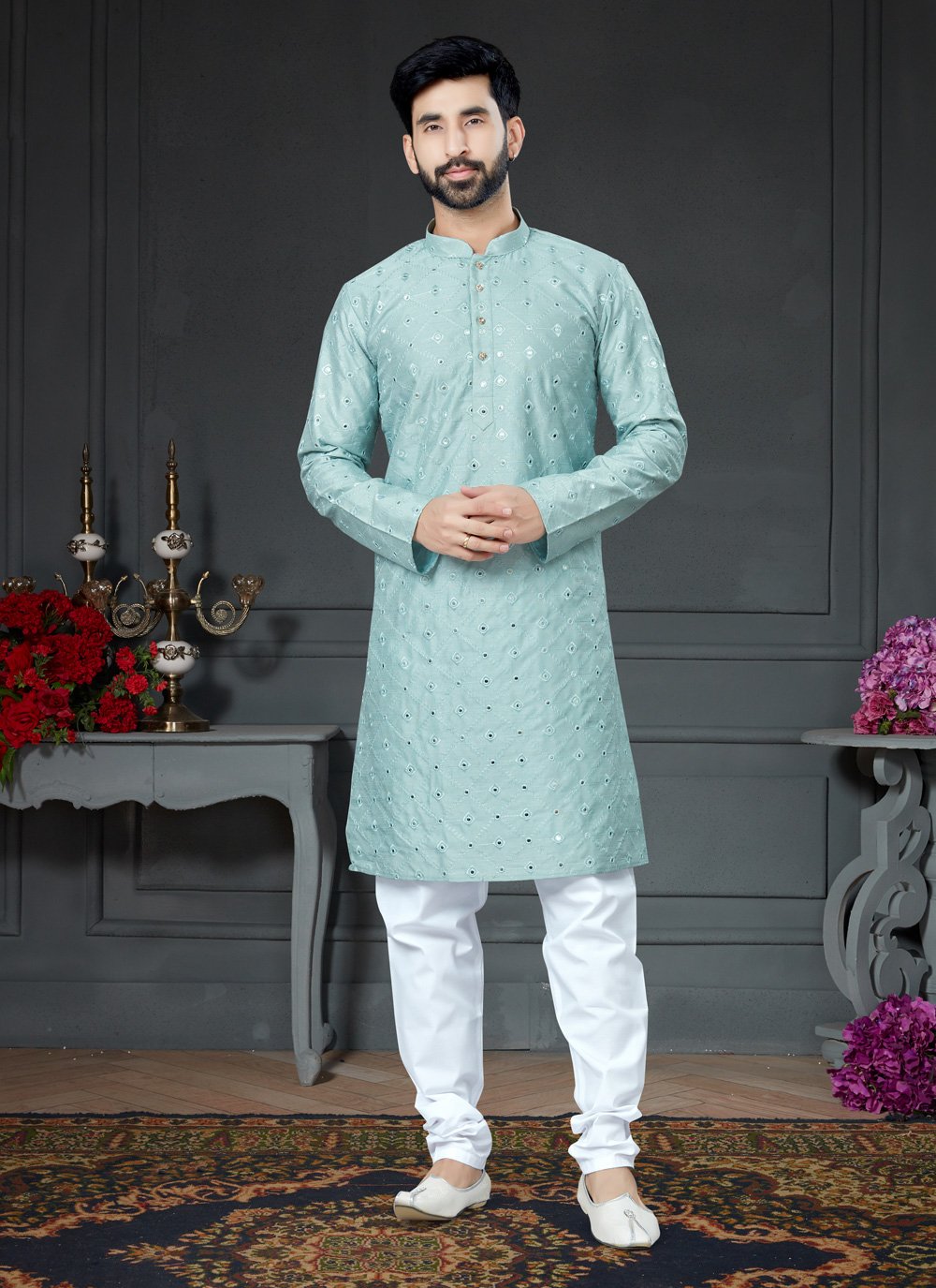 Kurta Pyjama Art Silk Cotton Aqua Blue Embroidered Mens