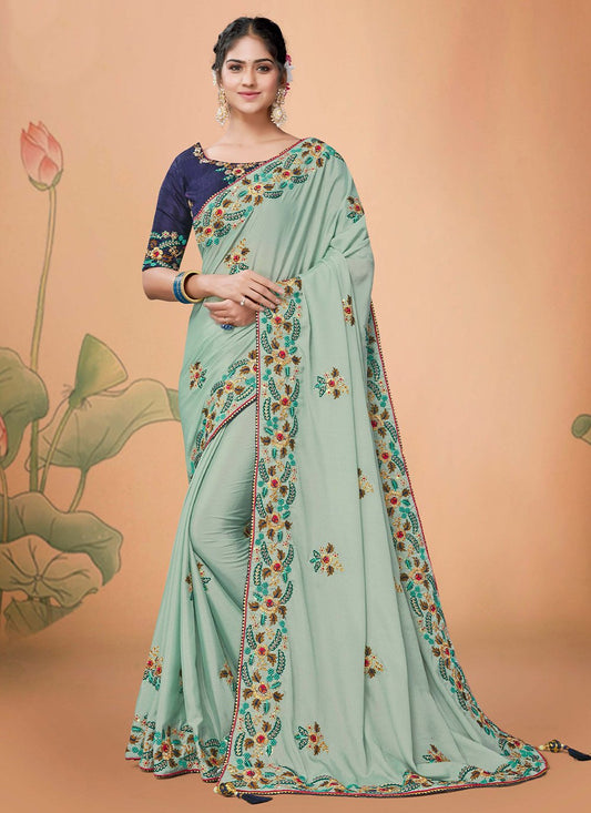 Classic Chiffon Aqua Blue Embroidered Saree