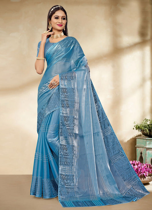 Contemporary Fancy Fabric Aqua Blue Patch Border Saree