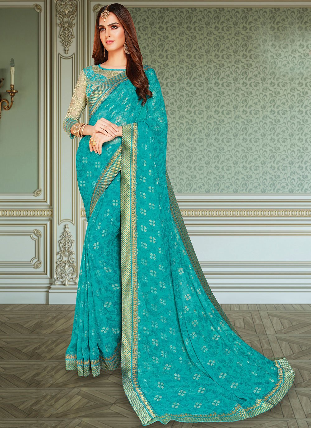 Trendy Saree Georgette Aqua Blue Fancy Work Saree