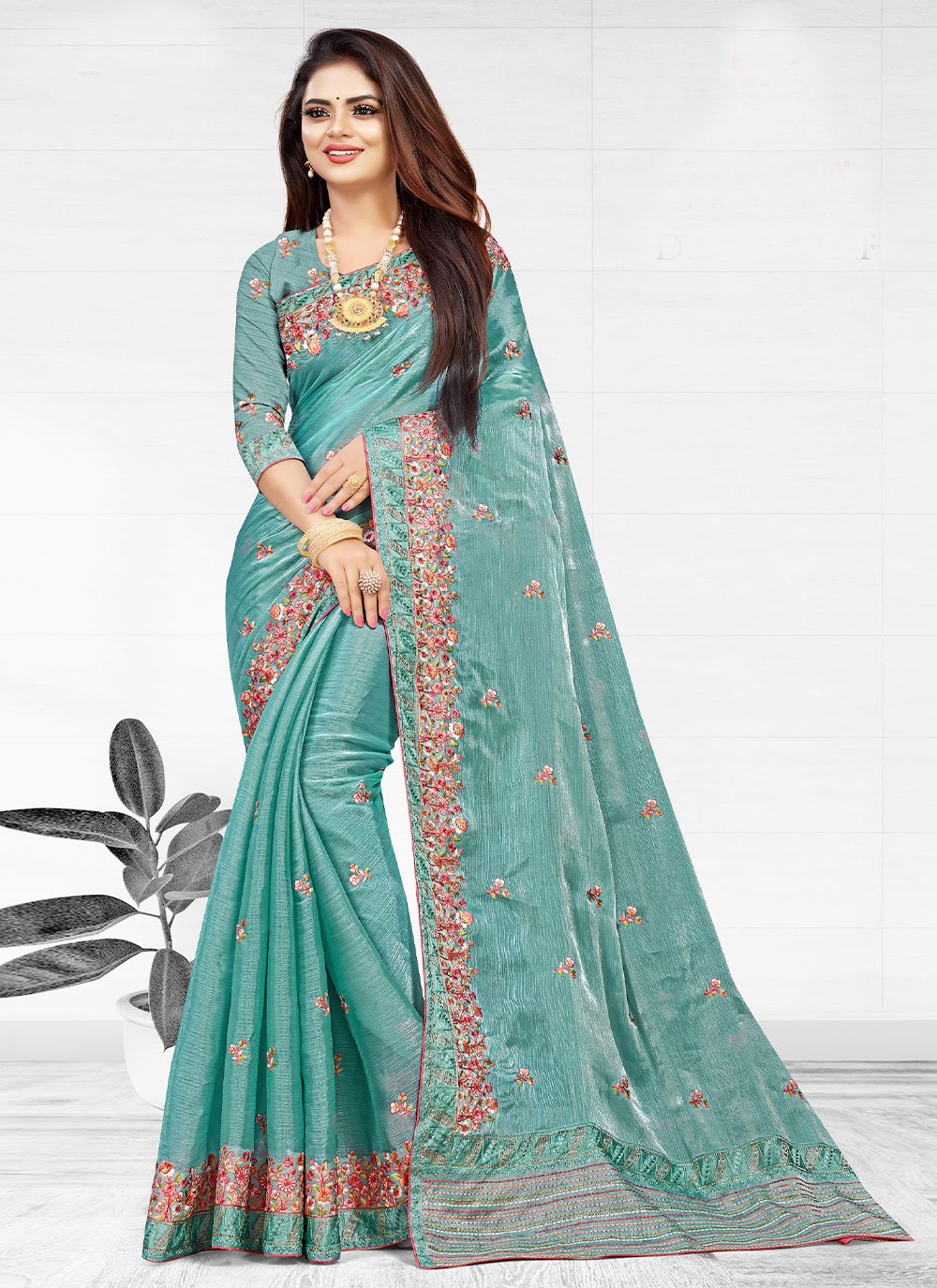 Classic Chiffon Aqua Blue Embroidered Saree