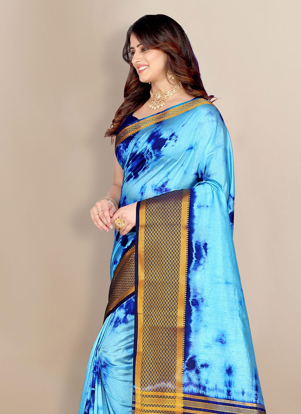 Classic Silk Aqua Blue Patch Border Saree