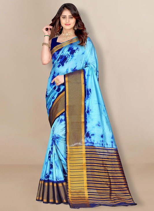 Classic Silk Aqua Blue Patch Border Saree