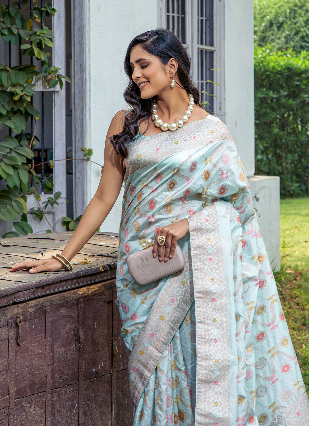 Trendy Saree Silk Aqua Blue Patch Border Saree