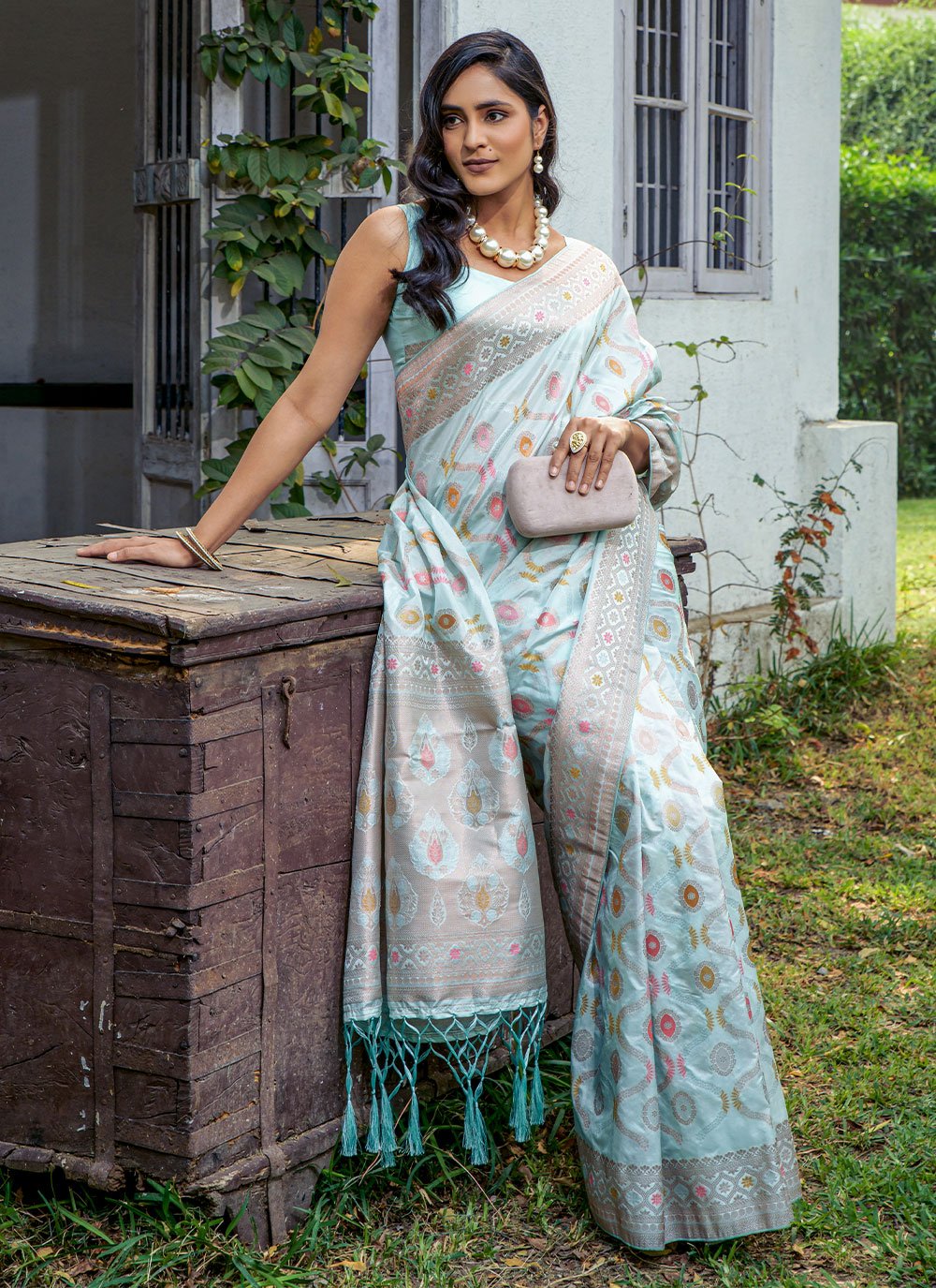 Trendy Saree Silk Aqua Blue Patch Border Saree