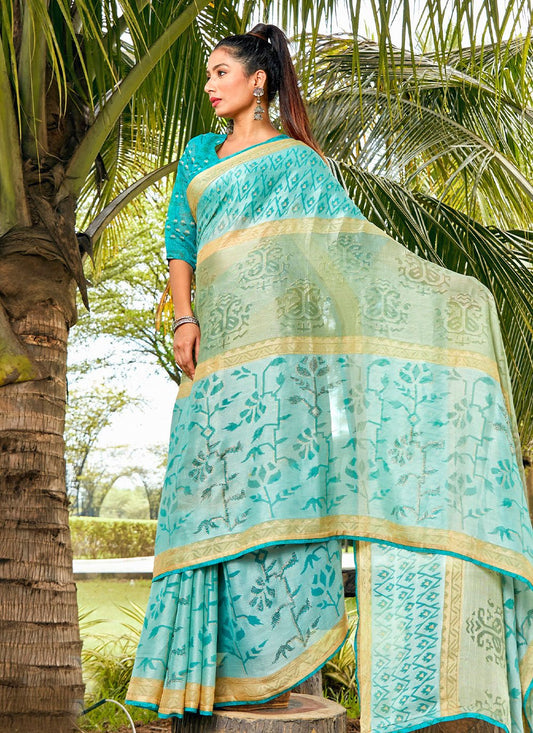 Classic Brasso Aqua Blue Fancy Work Saree