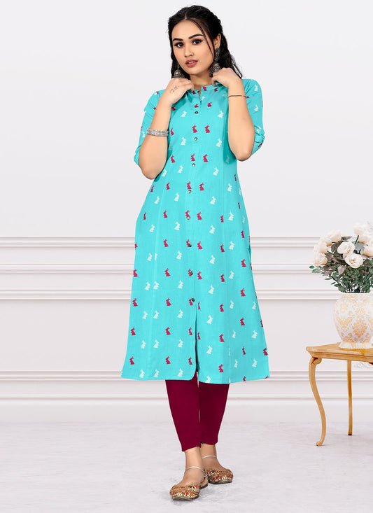 Casual Kurti Cotton Aqua Blue Print Kurtis