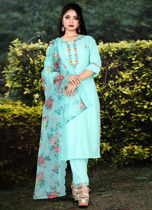 Salwar Suit Rayon Aqua Blue Embroidered Salwar Kameez