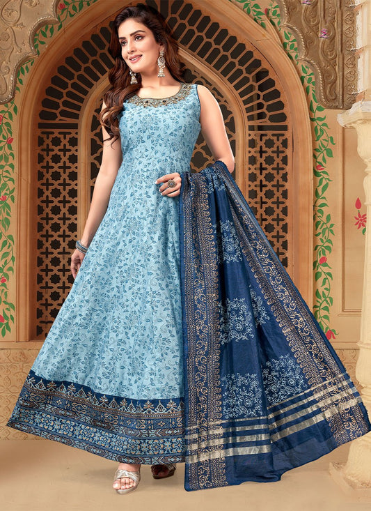 Anarkali Suit Silk Aqua Blue Embroidered Salwar Kameez