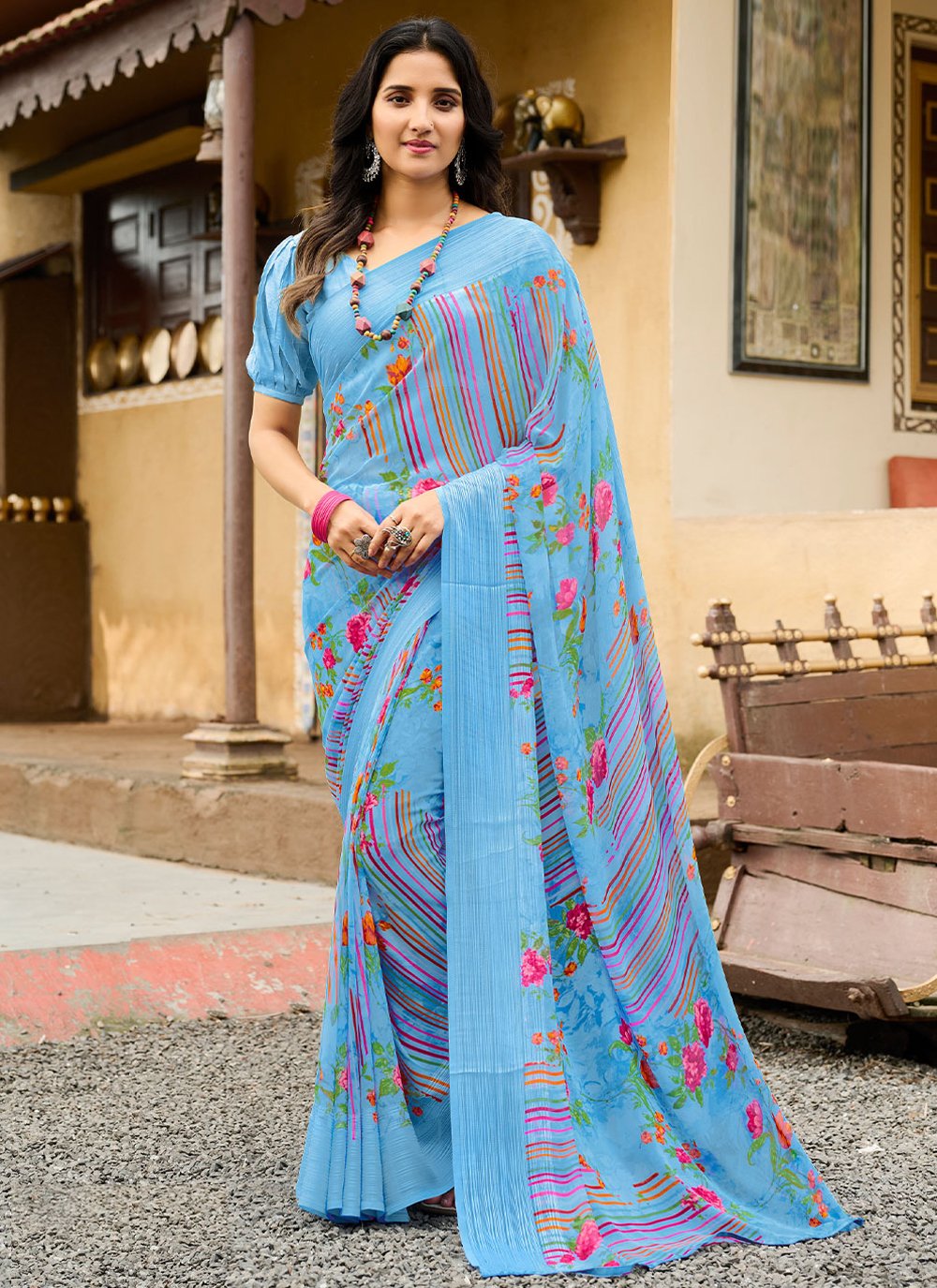 Classic Georgette Aqua Blue Patch Border Saree