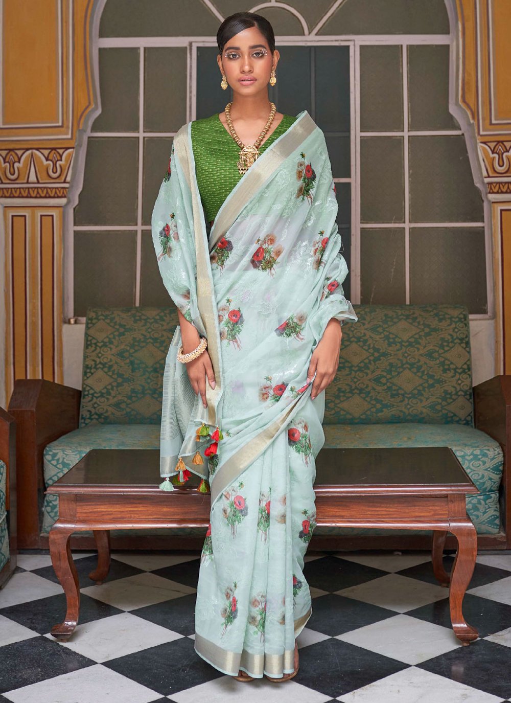 Contemporary Organza Aqua Blue Print Saree