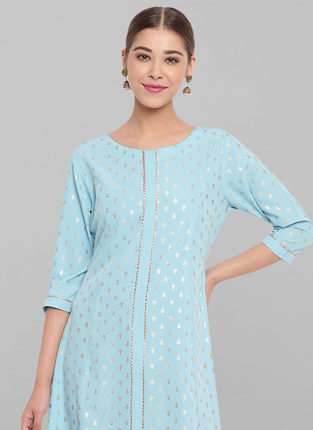 Designer Kurti Faux Crepe Aqua Blue Floral Patch Kurtis