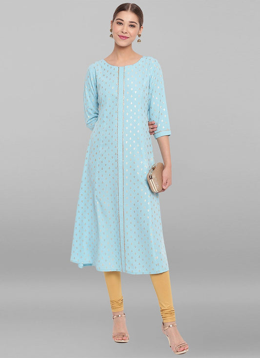 Designer Kurti Faux Crepe Aqua Blue Floral Patch Kurtis