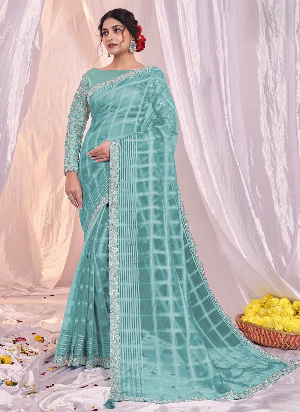 Contemporary Jacquard Organza Aqua Blue Embroidered Saree