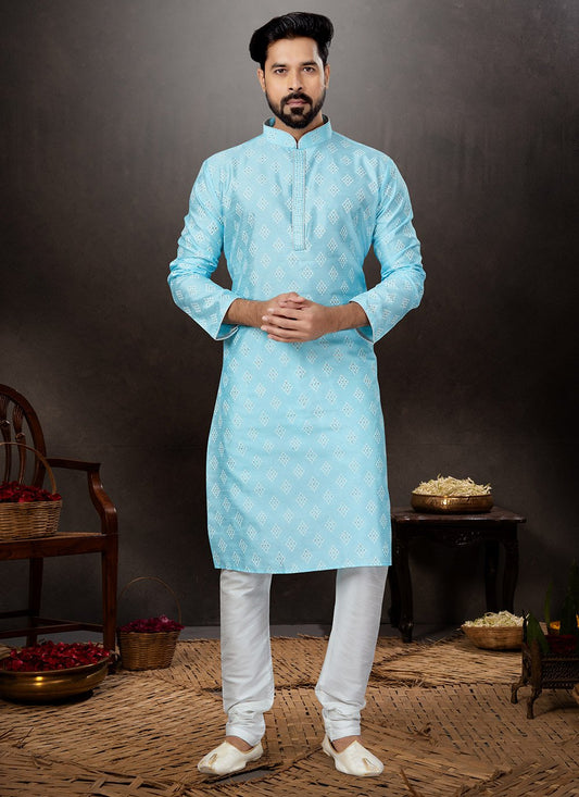 Kurta Pyjama Dupion Silk Aqua Blue Print Mens