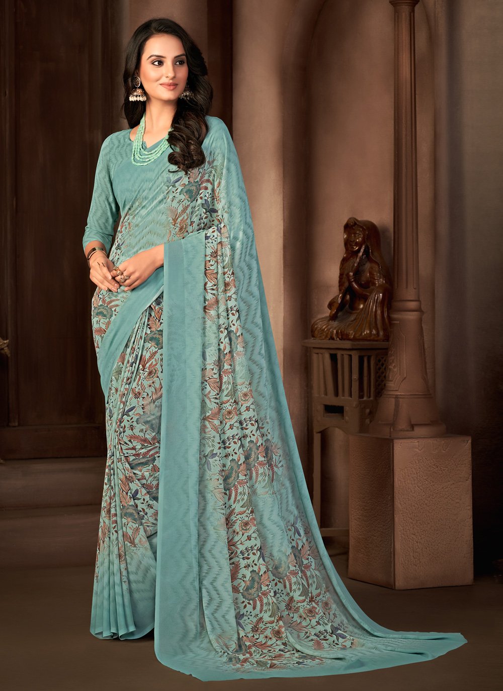 Trendy Saree Georgette Aqua Blue Print Saree