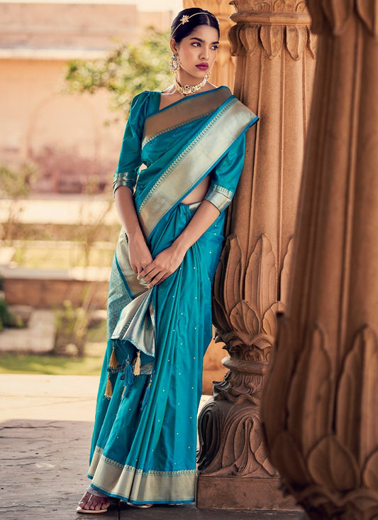 Trendy Saree Banarasi Silk Satin Silk Aqua Blue Weaving Saree