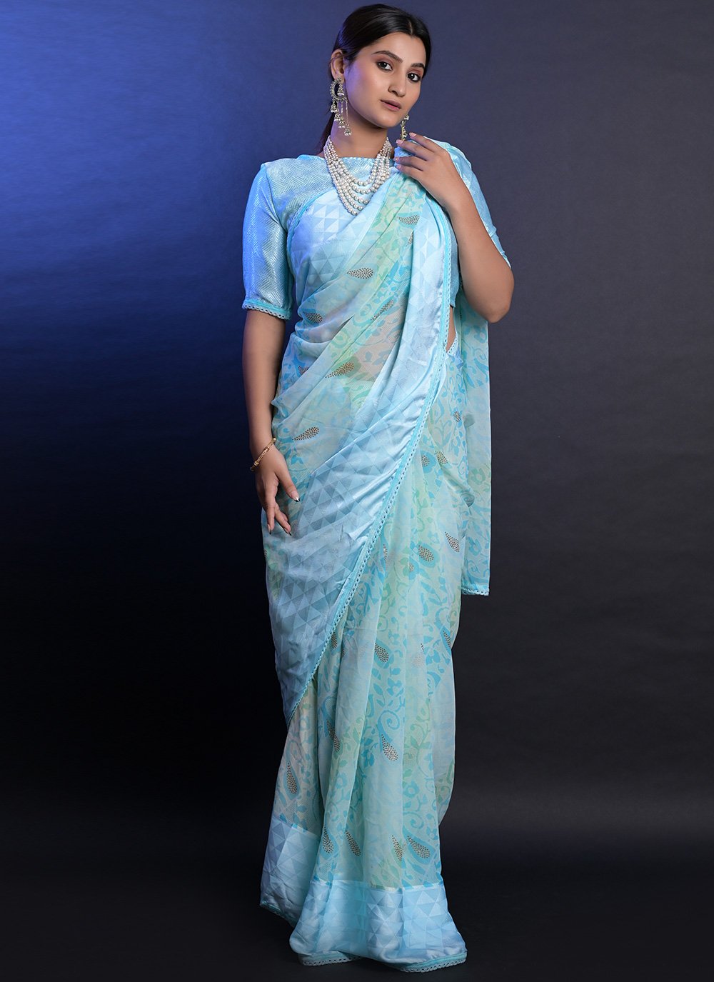 Trendy Saree Georgette Aqua Blue Jacquard Work Saree