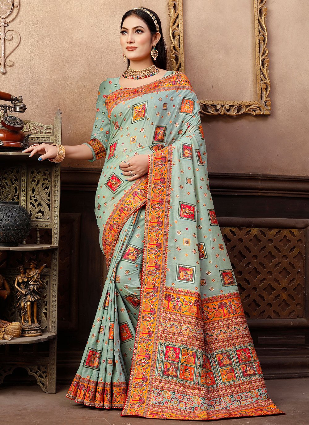 Classic Chanderi Silk Aqua Blue Gota Work Saree