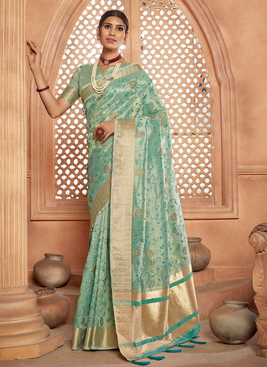 Classic Fancy Fabric Tissue Aqua Blue Resham Saree