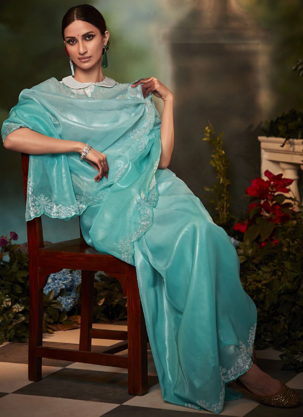 Classic Fancy Fabric Aqua Blue Fancy Work Saree