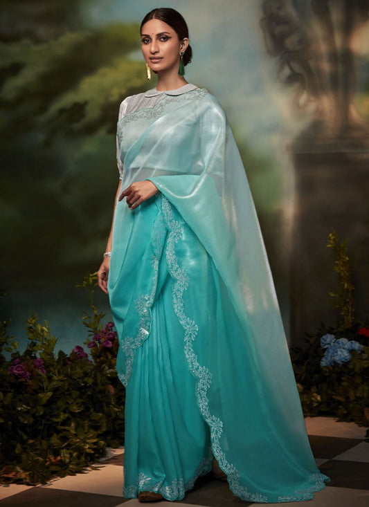 Classic Fancy Fabric Aqua Blue Fancy Work Saree