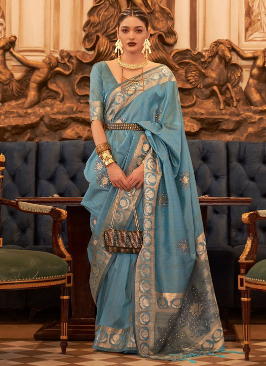 Classic Handloom Silk Tussar Silk Aqua Blue Sequins Saree