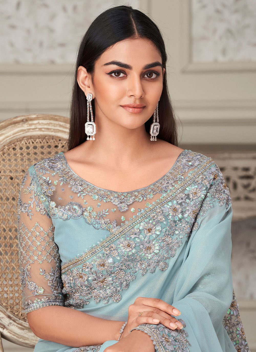 Classic Shimmer Georgette Aqua Blue Embroidered Saree