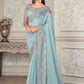 Classic Shimmer Georgette Aqua Blue Embroidered Saree