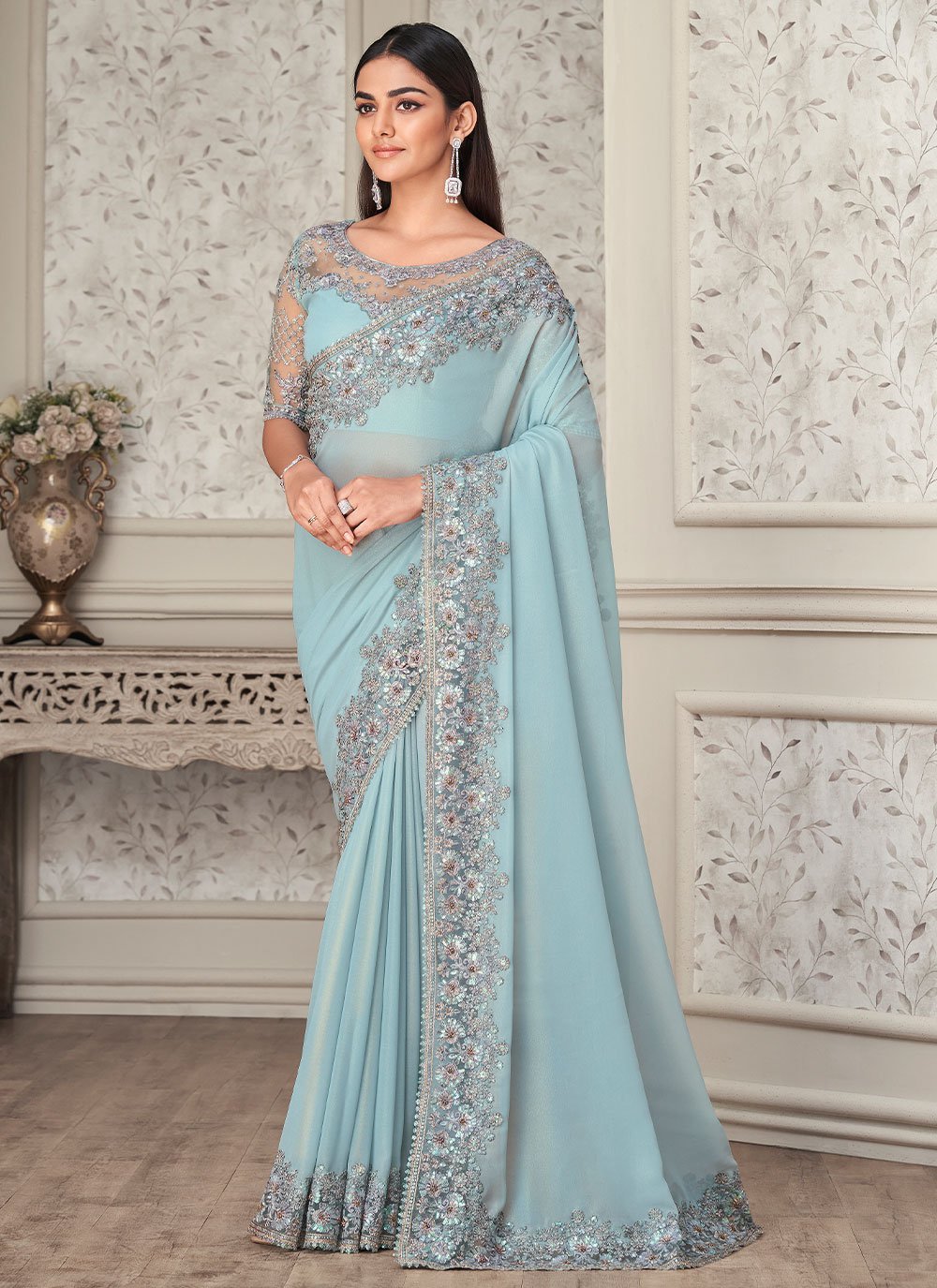 Classic Shimmer Georgette Aqua Blue Embroidered Saree