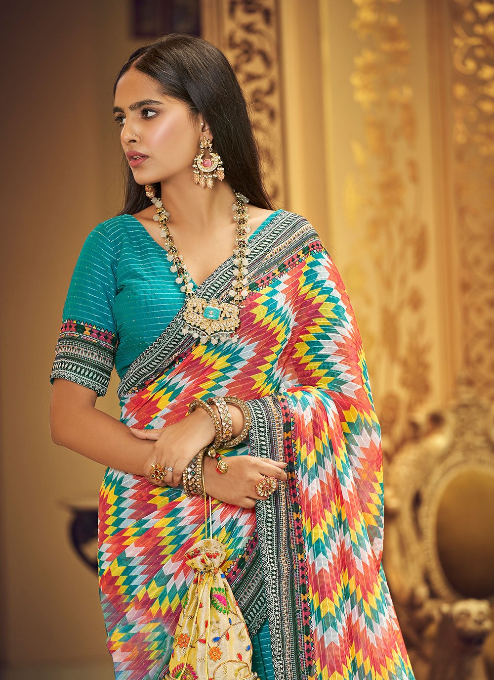Contemporary Georgette Aqua Blue Print Saree
