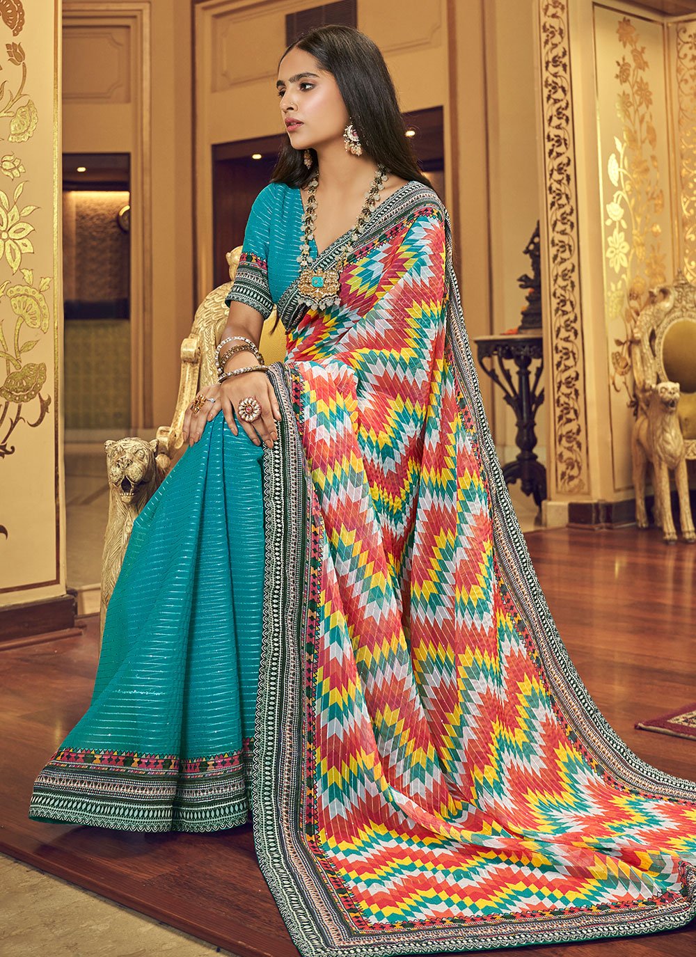 Contemporary Georgette Aqua Blue Print Saree