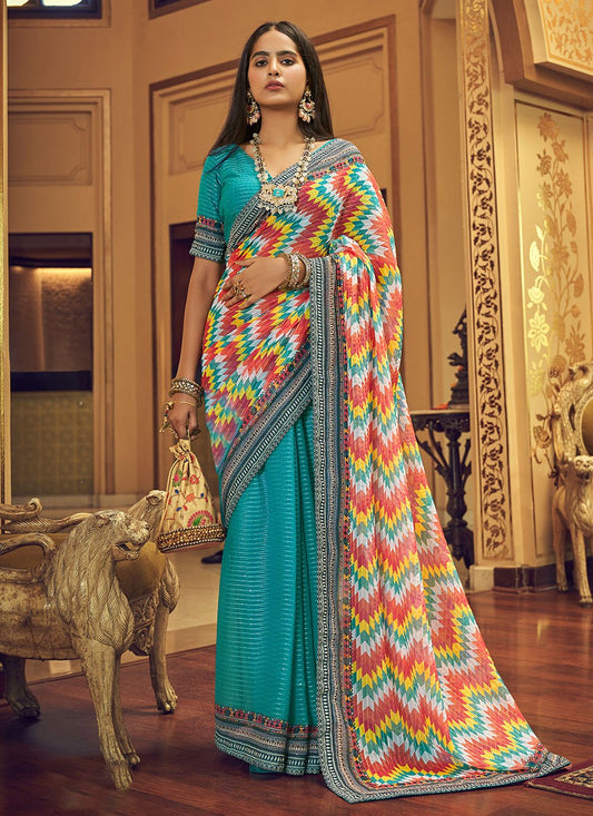 Contemporary Georgette Aqua Blue Print Saree