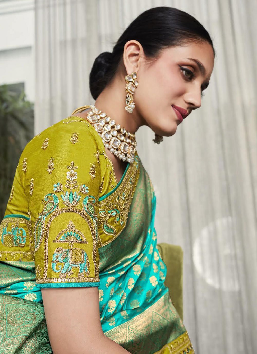 Contemporary Silk Aqua Blue Embroidered Saree