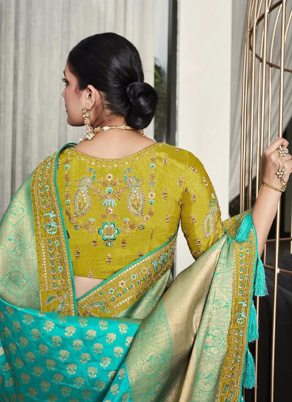 Contemporary Silk Aqua Blue Embroidered Saree