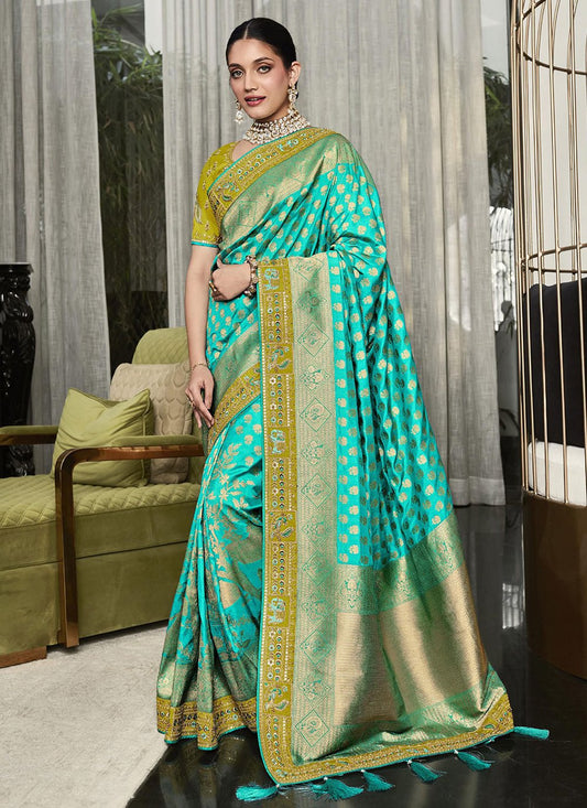 Contemporary Silk Aqua Blue Embroidered Saree