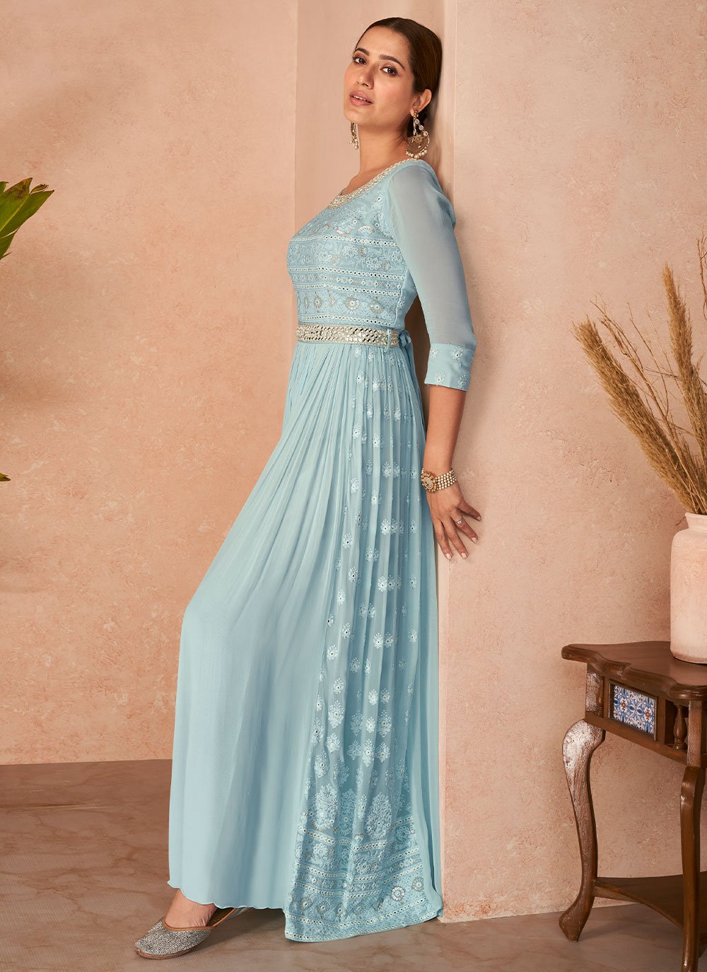 Gown Chiffon Aqua Blue Embroidered Gown