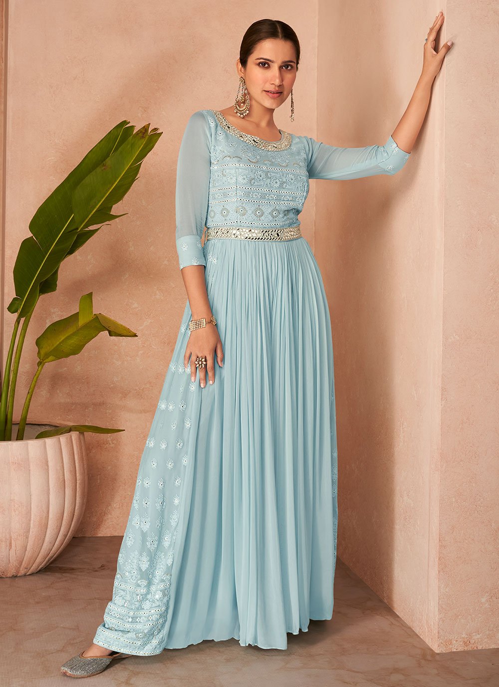 Gown Chiffon Aqua Blue Embroidered Gown