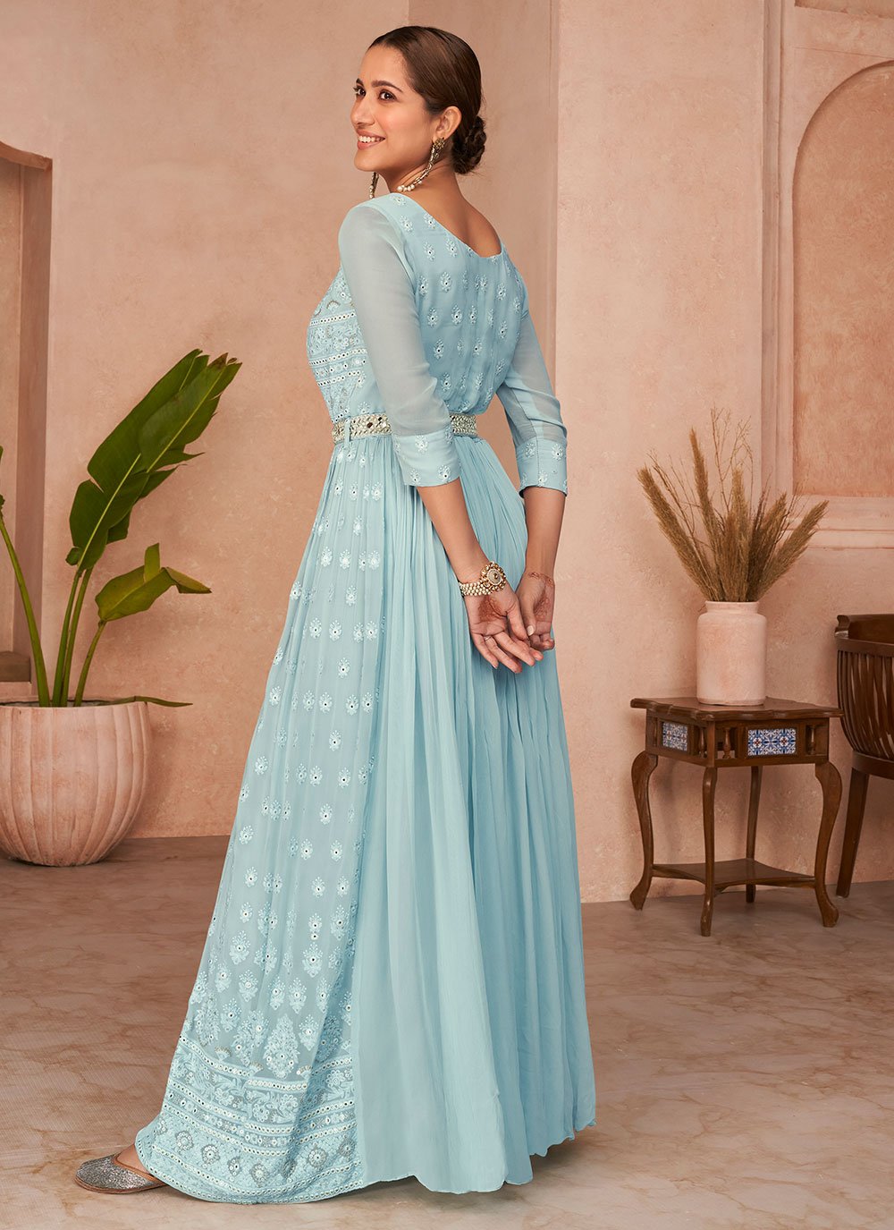 Gown Chiffon Aqua Blue Embroidered Gown