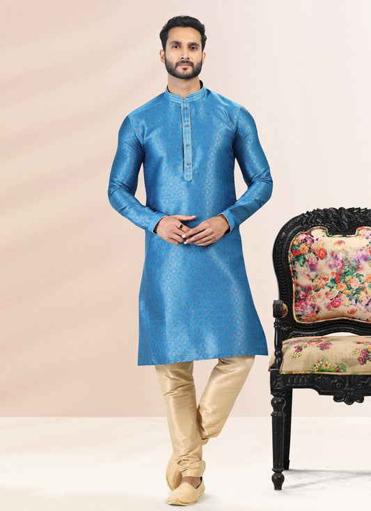Kurta Pyjama Banarasi Silk Jacquard Aqua Blue Fancy Work Mens